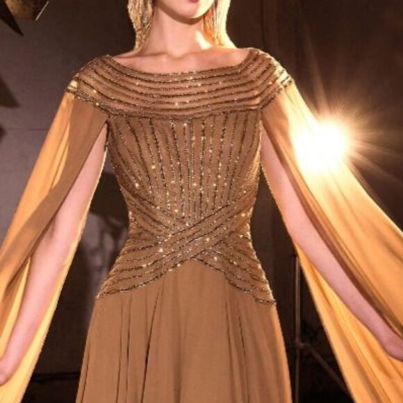Bronze formal dress. Mother of the bride evening long cape sleeve evening gown - Picture 2 of 5